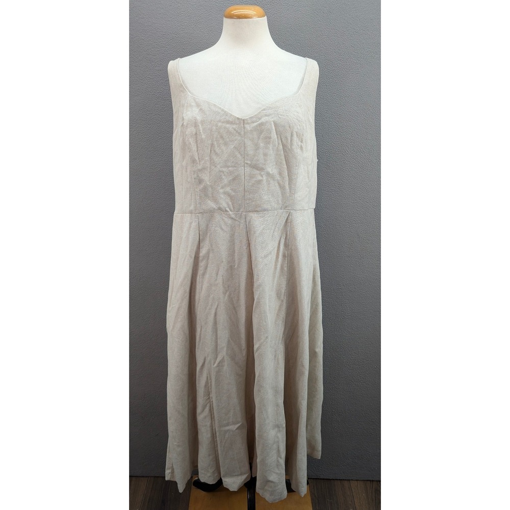 Old Navy Notch Neck Flax Linen Midi Dress Smocked Tan Flare Pleated Sz 2XL NWT - Picture 2 of 12